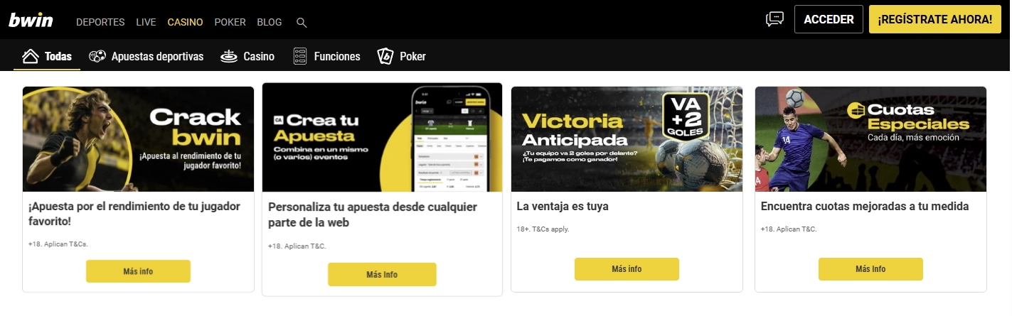 Vista de promociones activas en Bwin Casino
