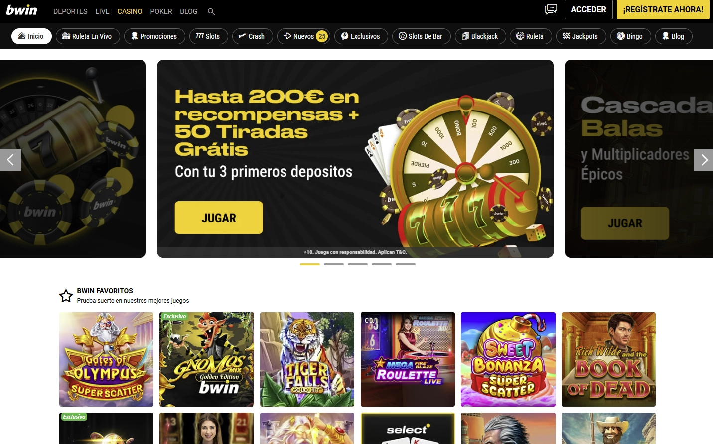 Vista principal del lobby de Bwin Casino en España