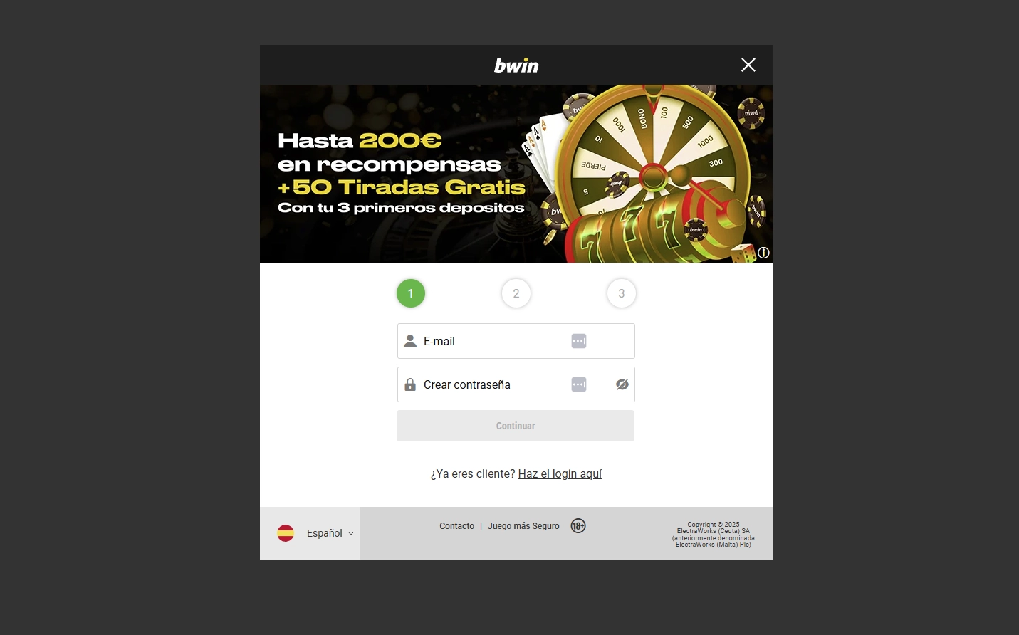 Captura del proceso de registro en Bwin Casino